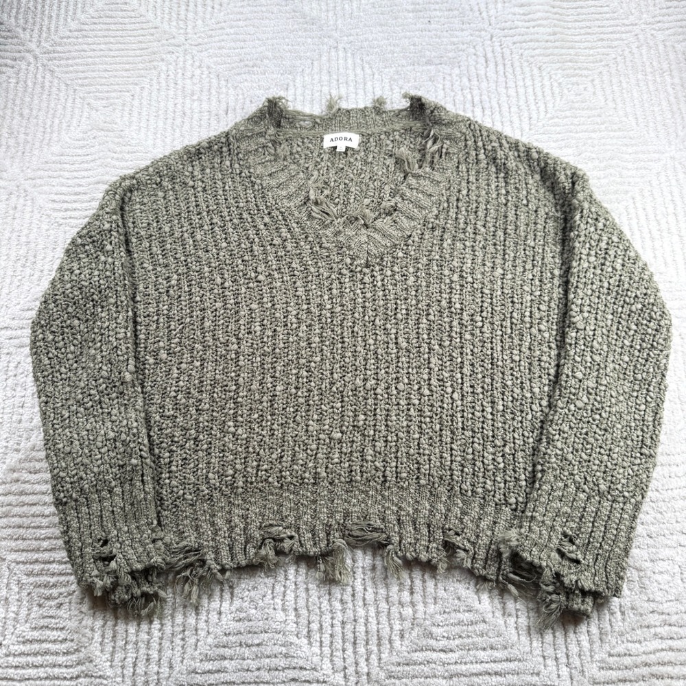 Adora Distressed Sweater Womens Medium Olive Green Chunky Knit Grunge Earthy